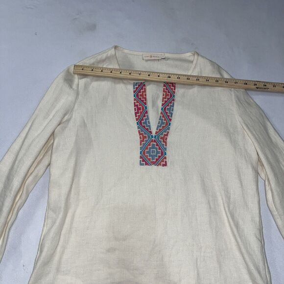 Tory Burch McKenna Tunic Top Ivory Linen $350 – Size 10 Embroidered V Neck - Picture 9 of 13